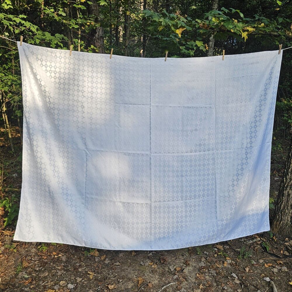Vintage White Shiny Art Deco Geometric Lattice Tablecloth 60x82
